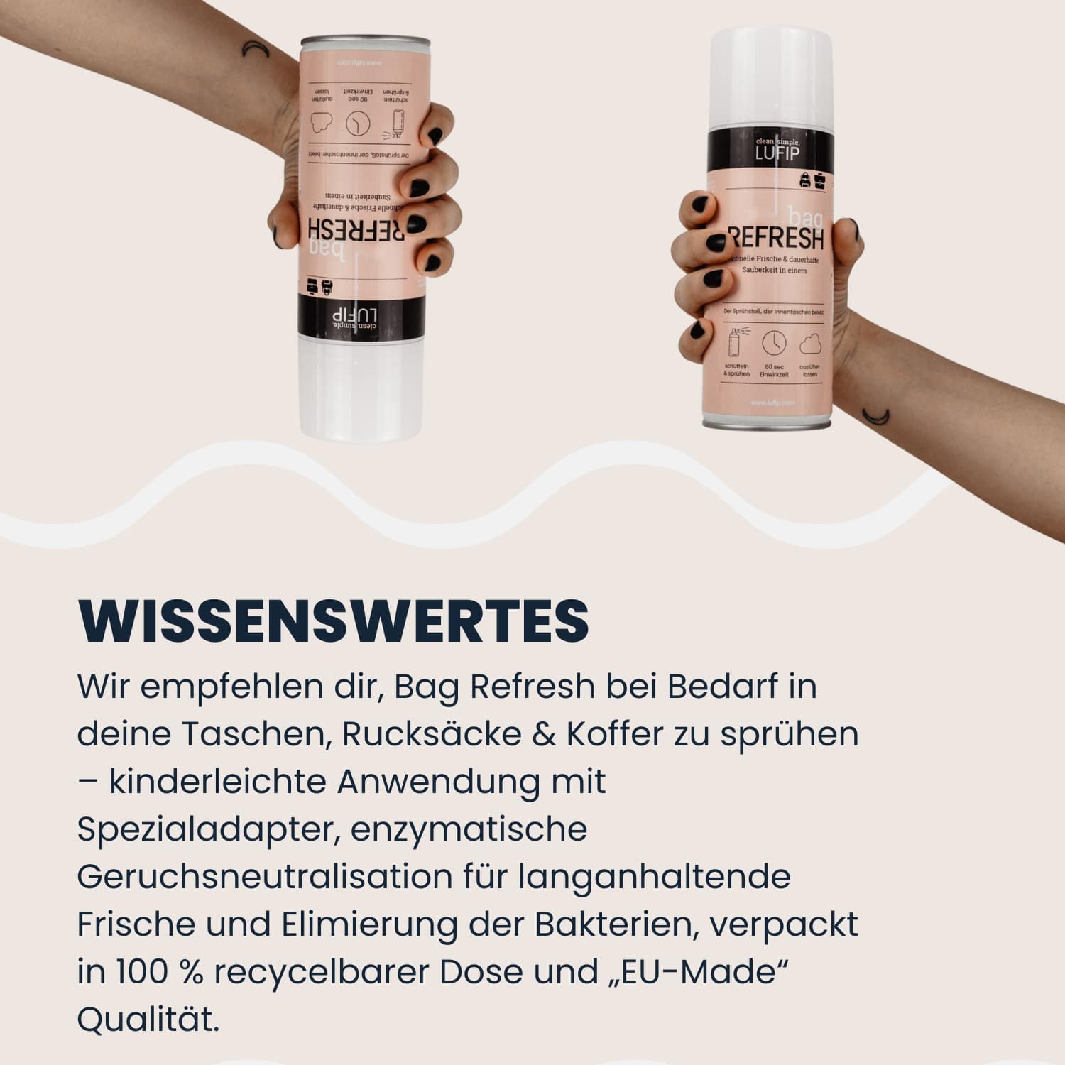Bag Refresh mit Spezialadapter: Neutralisiert Gerüche & Bakterien in Taschen – 100% recycelbare Dose & EU-Made Qualität.