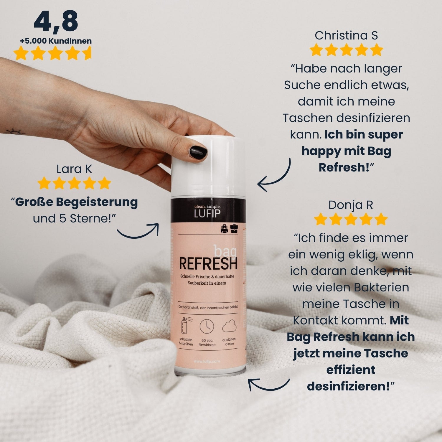 Viele Kundinnen empfehlen Bag Refresh: Desinfiziert & erfrischt Taschen, Koffer & Rucksäcke – einfach & effektiv.