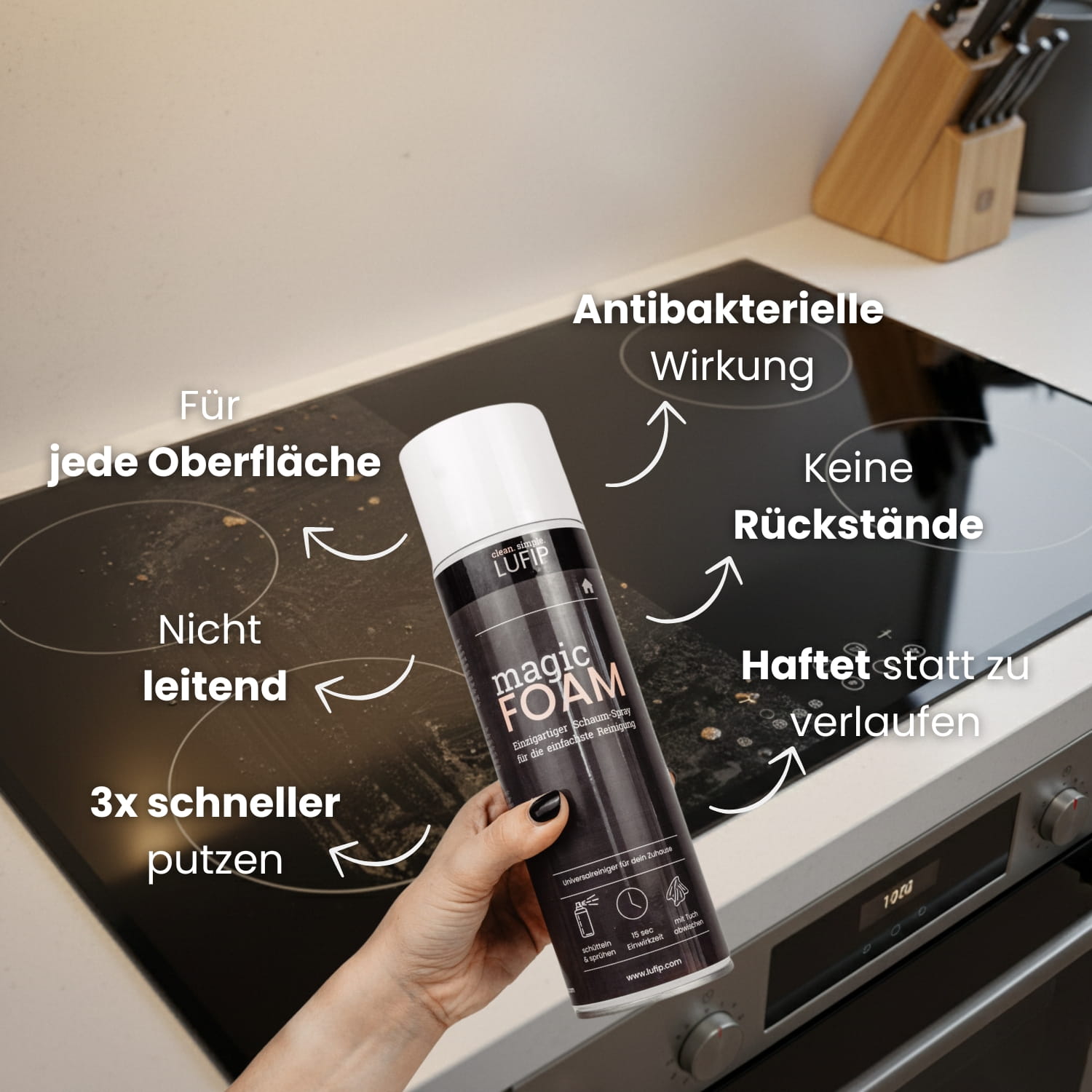 Magic Foam Aktivschaum reinigt Ceranfeld und Küchenoberflächen effektiv. Haftet auf Fett und Schmutz, wirkt antibakteriell und hinterlässt keine Rückstände.