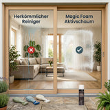 Vergleich zwischen herkömmlichem Reiniger und Magic Foam Aktivschaum auf einer Glasscheibe. Flüssiger Reiniger läuft herunter und hinterlässt Schlieren, während Aktivschaum haftet und streifenfrei reinigt.