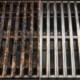 Vorher-Nachher-Vergleich eines stark verschmutzten und sauberen Grillrosts nach der Reinigung von Fett und eingebrannten Rückständen.
