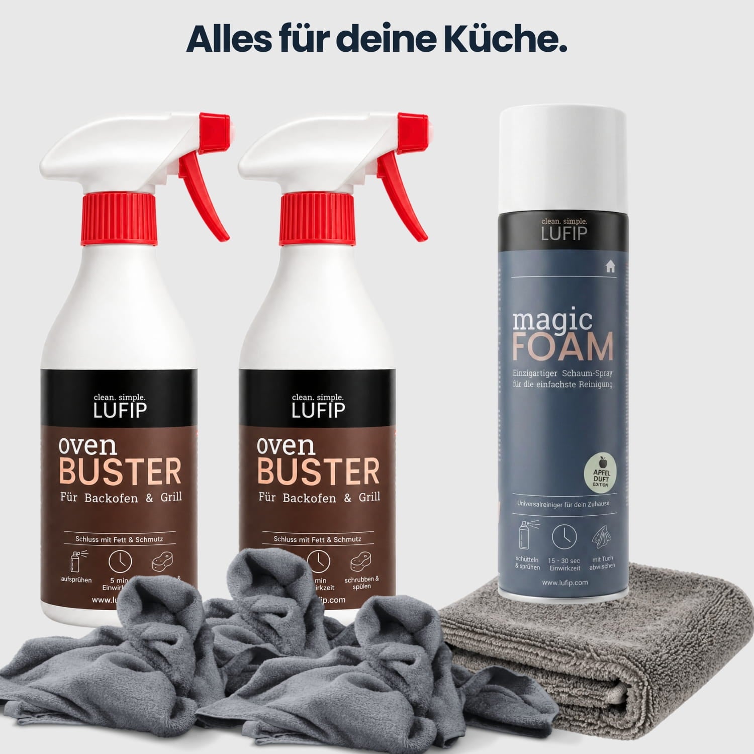 LUFIP Küchenreinigungs-Set mit zwei Oven Buster Backofenreinigern, Magic Foam und Reinigungstüchern für die Küche.
