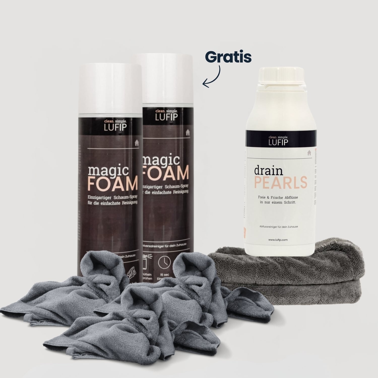 Testen Sie jetzt das LUFIP Kennenlern-Set: 1× Magic FOAM + Gratis-Dose, 1× Drain PEARLS & Mikrofasertuch. Saubere Flächen & freie Abflüsse in einem Paket!
