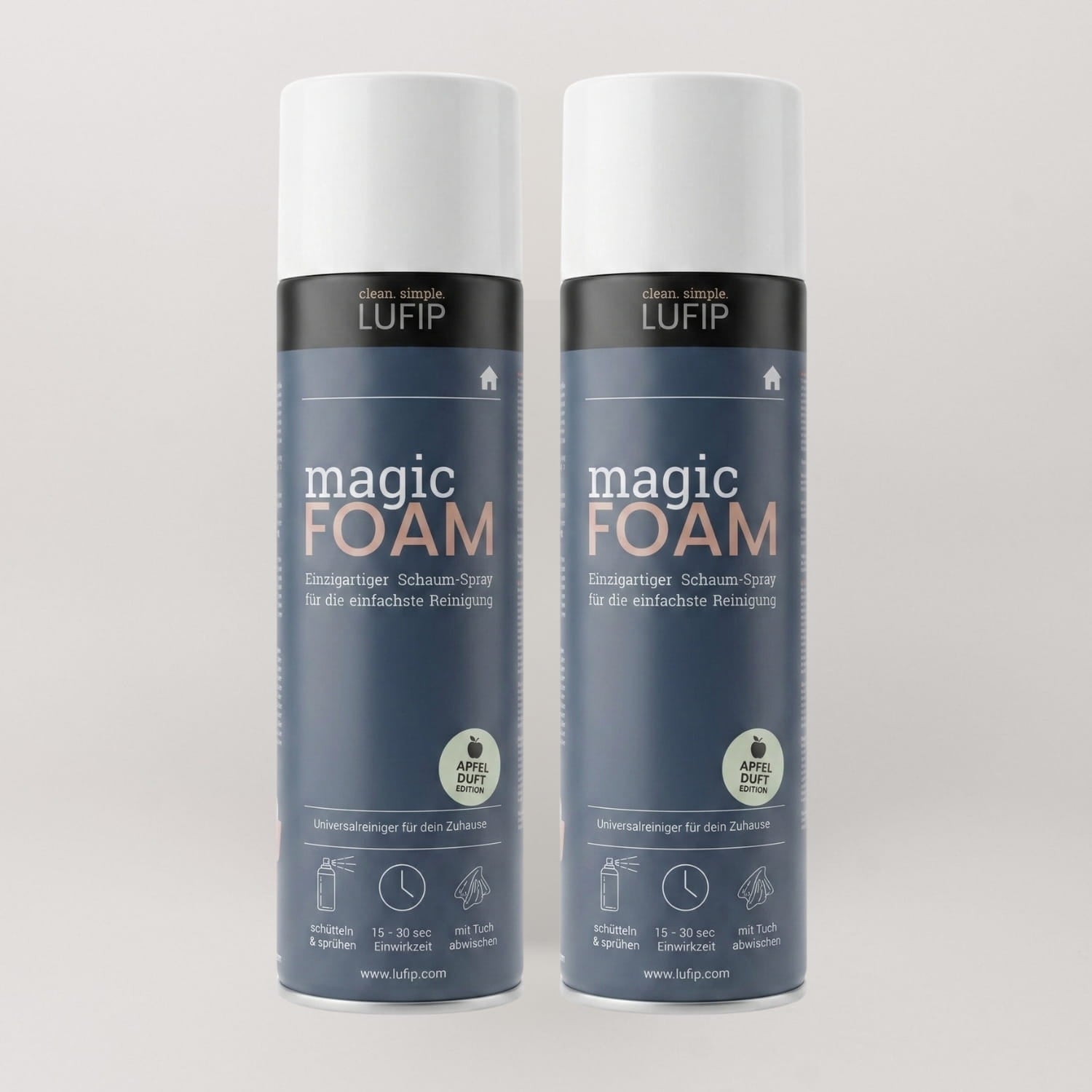 Das LUFIP Magic Foam 2er Set mit Aktivschaumreiniger und Vertikalhafttechnologie haftet sofort, löst Fett und Schmutz mühelos und sorgt für perfekte Reinigungsergebnisse – jetzt mit frischem Apfelduft.