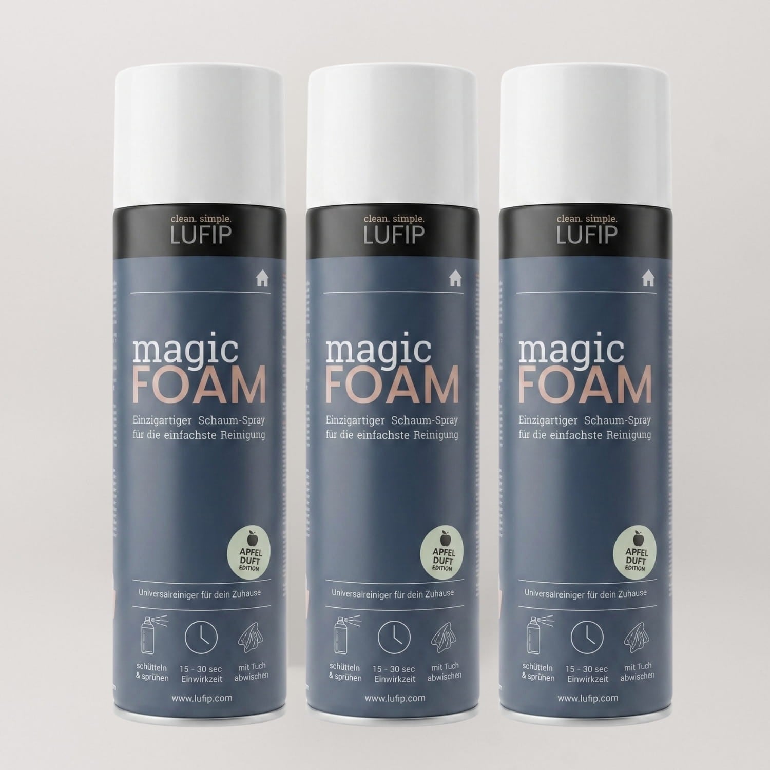 LUFIP Magic Foam Aktivschaumreiniger 3er Set mit Vertikalhafttechnologie und Apfelduft für Küche, Bad und Glasflächen