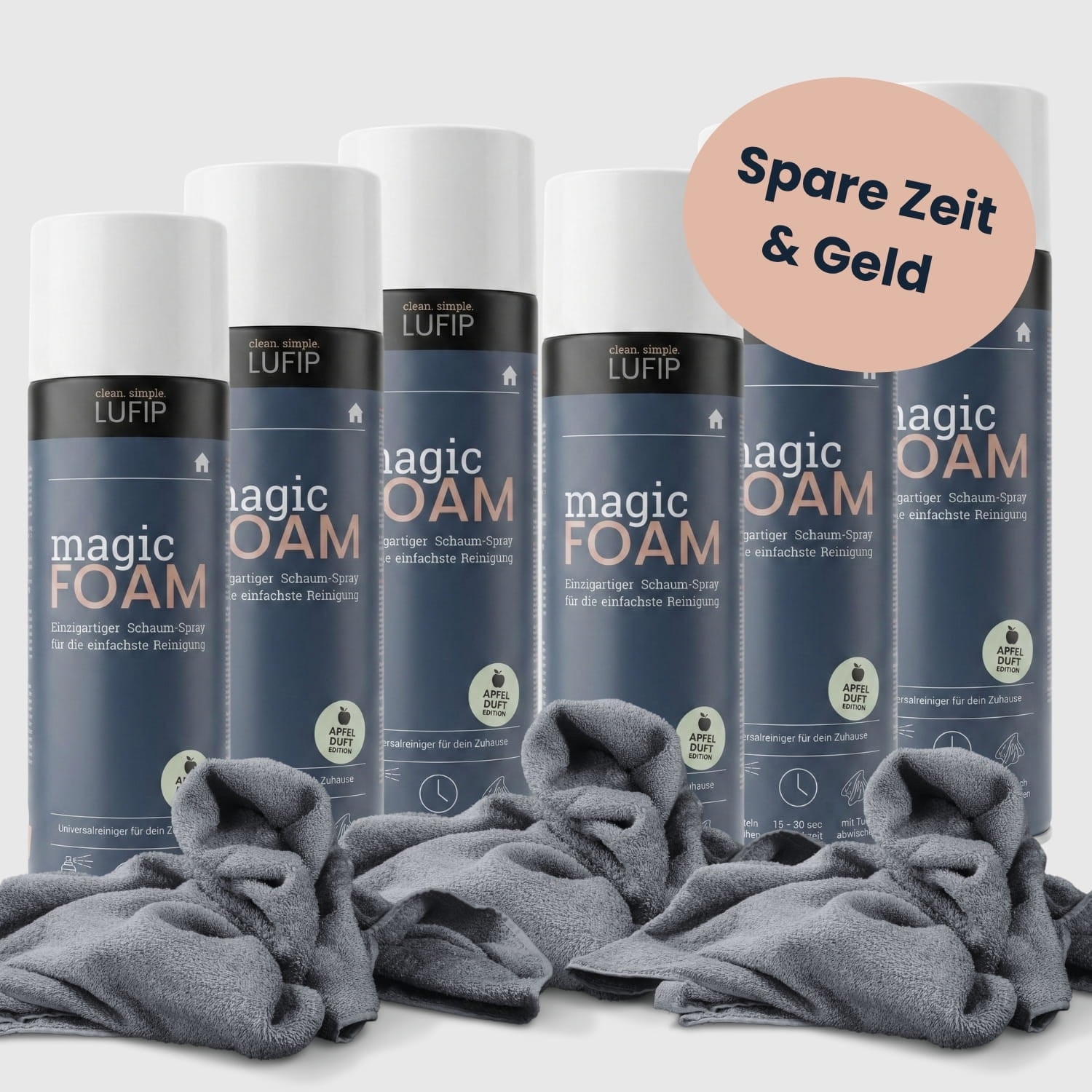 LUFIP Magic Foam Aktivschaumreiniger 5er Set mit Apfelduft, Vertikalhafttechnologie und Mikrofasertüchern