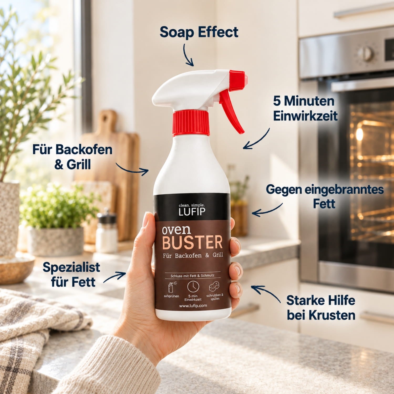 LUFIP Oven Buster Backofenreiniger mit Soap Effect, 5 Minuten Einwirkzeit und Anwendung gegen Fett und hartnäckige Krusten.