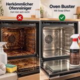 Vergleich eines stark verschmutzten Backofens mit einem sauberen Backofen nach der Reinigung mit LUFIP Oven Buster und Soap Effect gegen eingebranntes Fett.