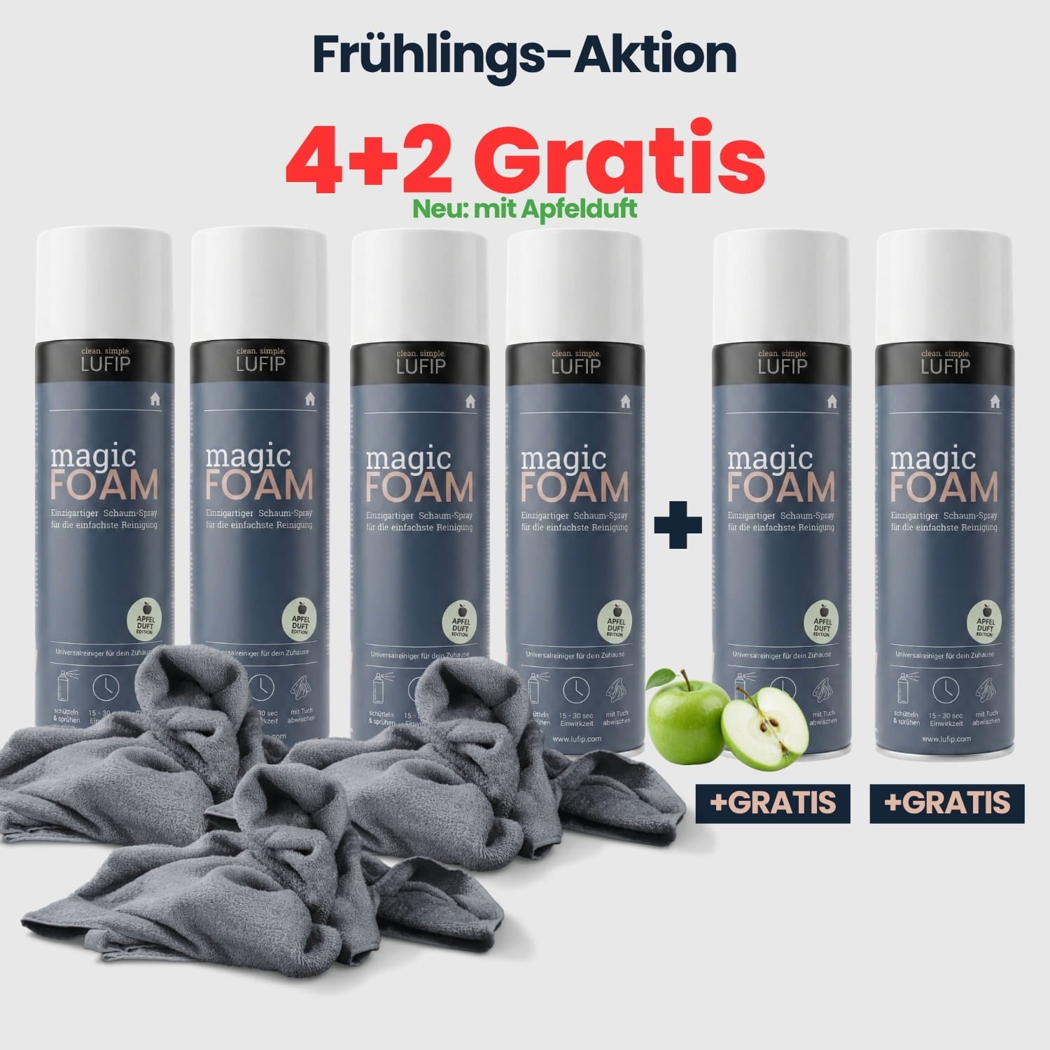 Großpackung Magic Foam Aktivschaum Reiniger mit Apfelduft im 4 plus 2 gratis Set für maximale Reinigung im Haushalt.